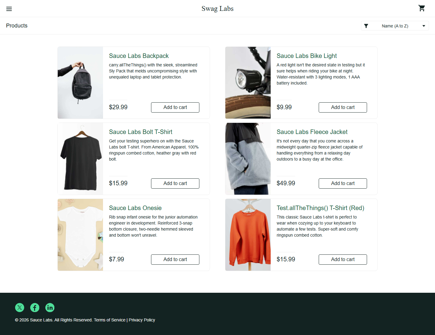 Approved SauceDemo inventory with original product title sizes and colors